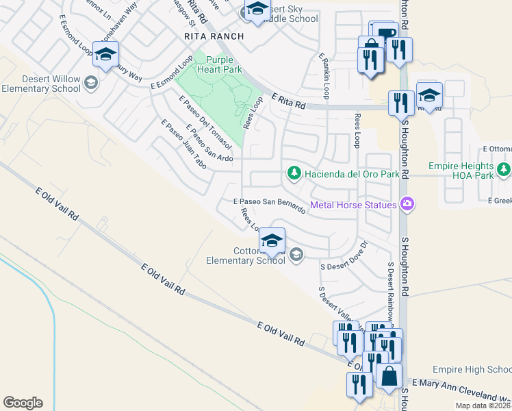 map of restaurants, bars, coffee shops, grocery stores, and more near 8501 East Placita San Bernardo in Tucson