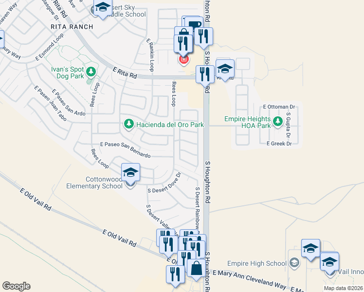 map of restaurants, bars, coffee shops, grocery stores, and more near 10206 East Calle Cadiz in Tucson
