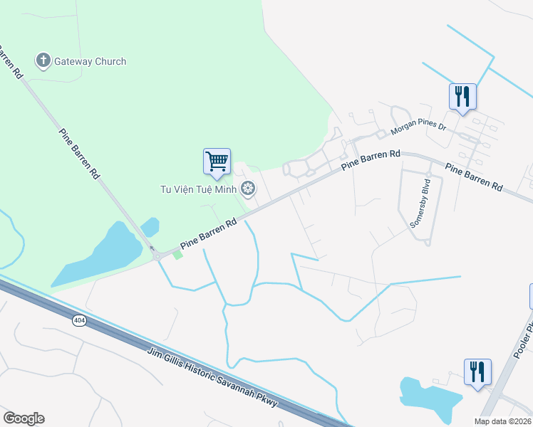map of restaurants, bars, coffee shops, grocery stores, and more near 1415 Pine Barren Road in Pooler