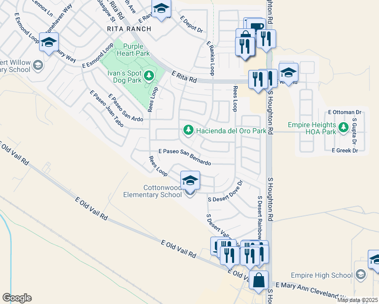 map of restaurants, bars, coffee shops, grocery stores, and more near 9992 East Paseo San Bernardo in Tucson