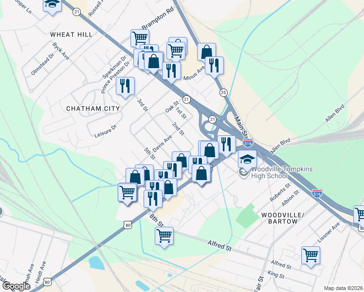 map of restaurants, bars, coffee shops, grocery stores, and more near 4012 3rd Street in Savannah