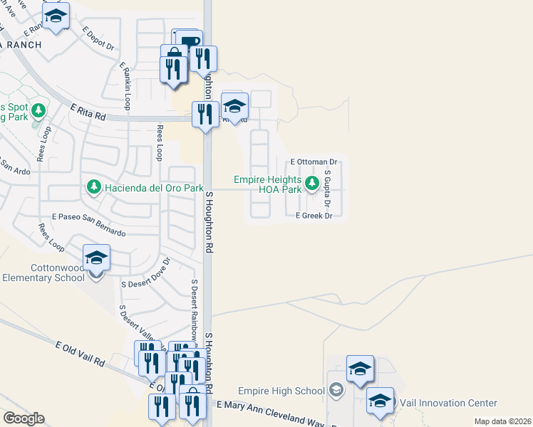 map of restaurants, bars, coffee shops, grocery stores, and more near 8421 South Burien Road in Tucson