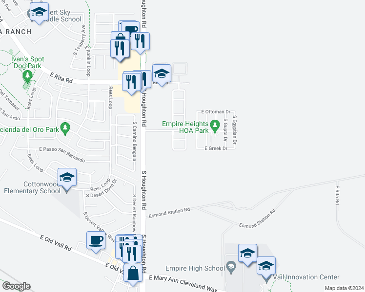 map of restaurants, bars, coffee shops, grocery stores, and more near 8466 South Burien Road in Tucson