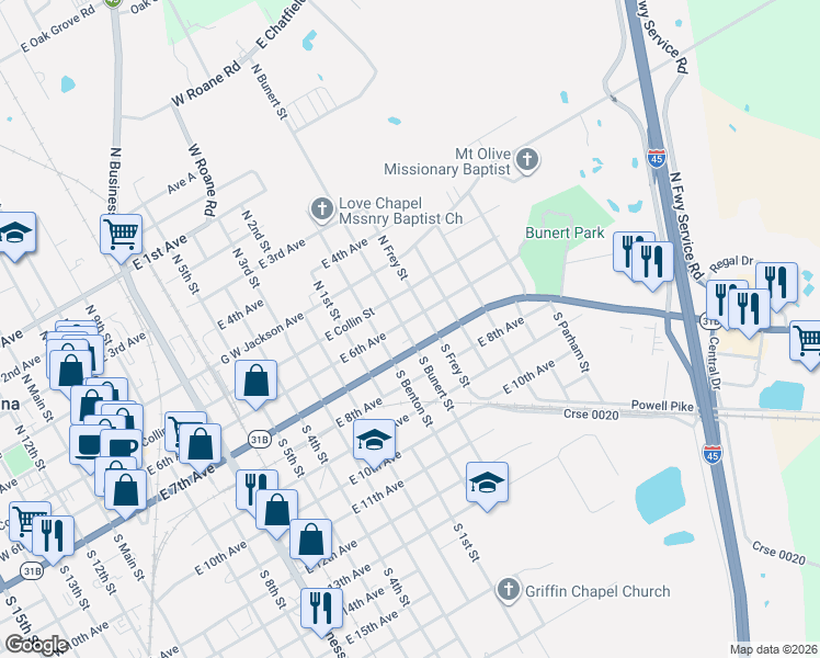 map of restaurants, bars, coffee shops, grocery stores, and more near 1308 East 7th Avenue in Corsicana