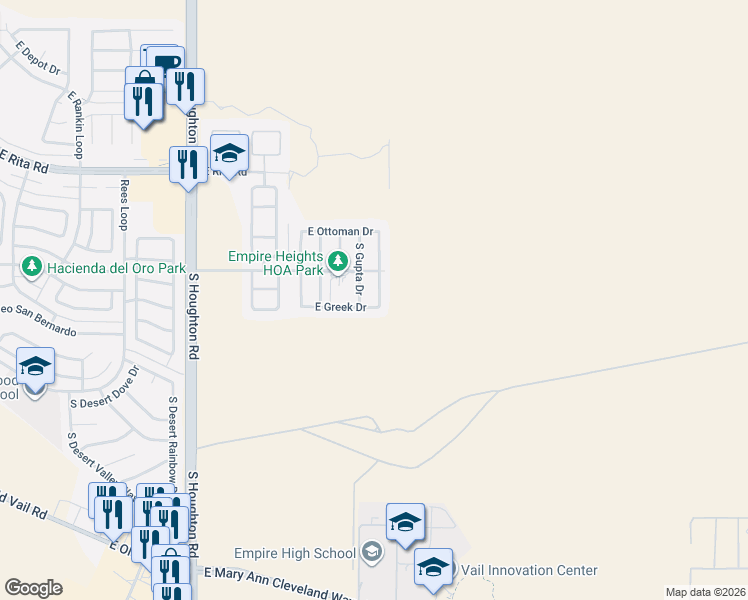 map of restaurants, bars, coffee shops, grocery stores, and more near 8431 South Egyptian Drive in Tucson