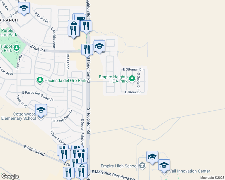 map of restaurants, bars, coffee shops, grocery stores, and more near 8458 South Burien Road in Tucson