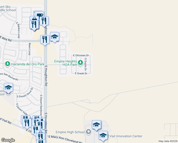 map of restaurants, bars, coffee shops, grocery stores, and more near 8431 South Egyptian Drive in Tucson