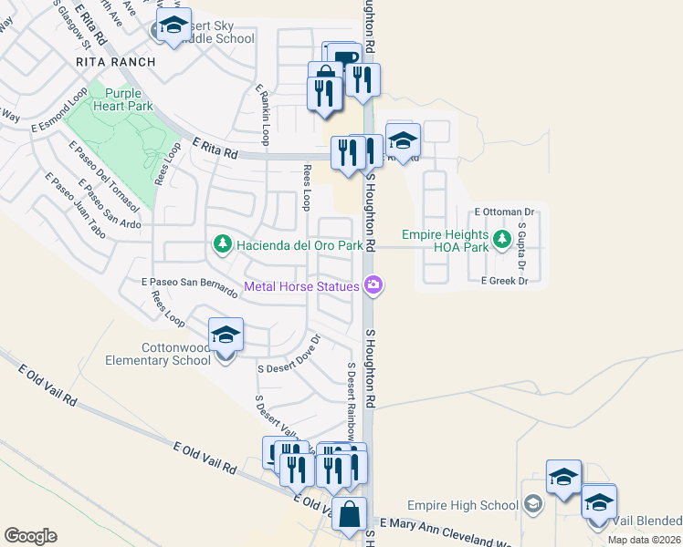 map of restaurants, bars, coffee shops, grocery stores, and more near 8429 South Camino Bengala in Tucson