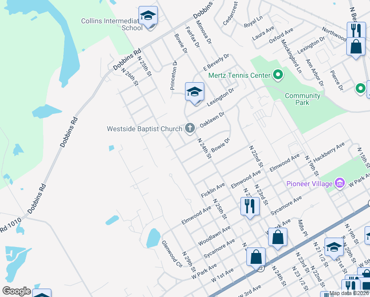 map of restaurants, bars, coffee shops, grocery stores, and more near 1601 North 25th Street in Corsicana