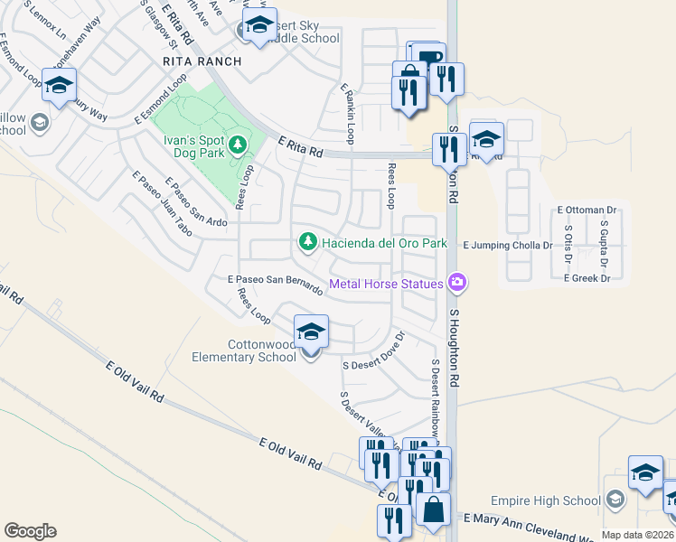 map of restaurants, bars, coffee shops, grocery stores, and more near 10041 East Paseo San Rosendo in Tucson