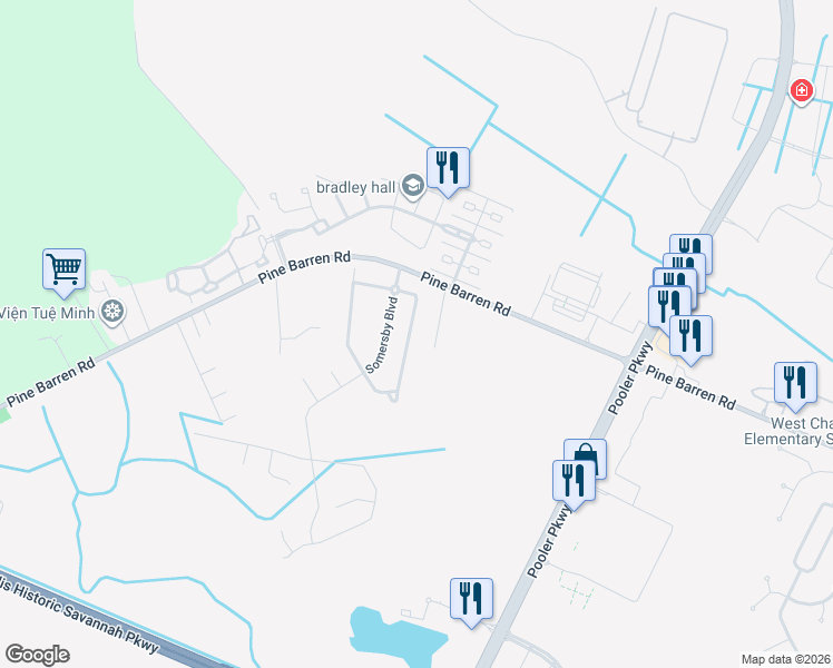 map of restaurants, bars, coffee shops, grocery stores, and more near 121 Pine View Crossing in Pooler