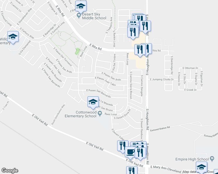 map of restaurants, bars, coffee shops, grocery stores, and more near 10035 East Paseo San Rosendo in Tucson