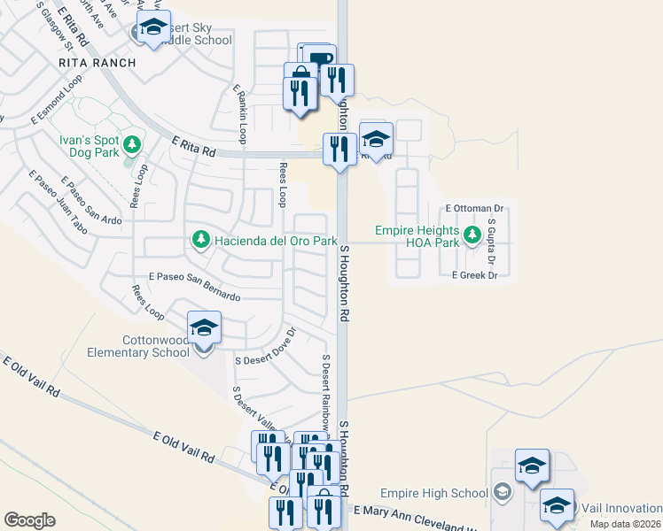 map of restaurants, bars, coffee shops, grocery stores, and more near in Tucson
