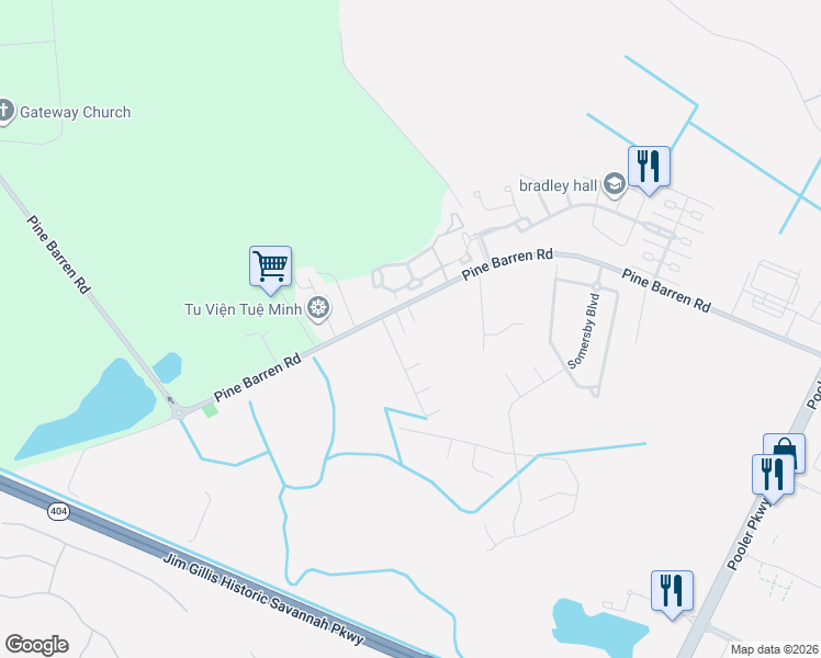 map of restaurants, bars, coffee shops, grocery stores, and more near 1355 Pine Barren Road in Pooler