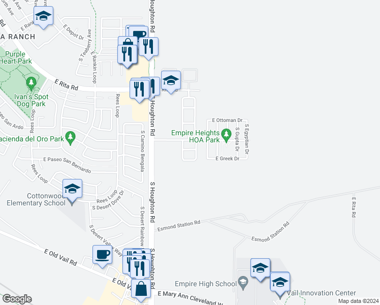 map of restaurants, bars, coffee shops, grocery stores, and more near 10452 East Pike Street in Tucson