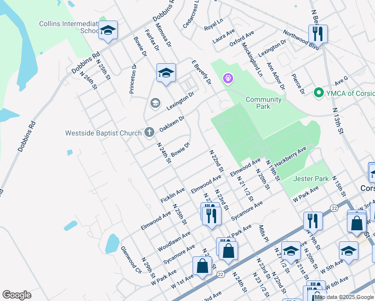 map of restaurants, bars, coffee shops, grocery stores, and more near 1385 Bowie Drive in Corsicana