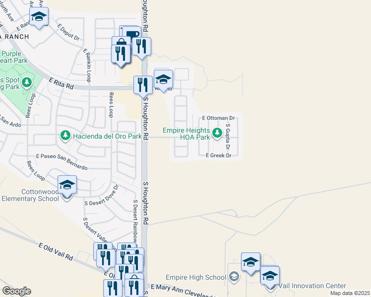 map of restaurants, bars, coffee shops, grocery stores, and more near 8421 South Burien Road in Tucson