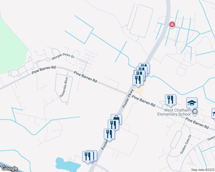 map of restaurants, bars, coffee shops, grocery stores, and more near 1219 Pine Barren Road in Pooler
