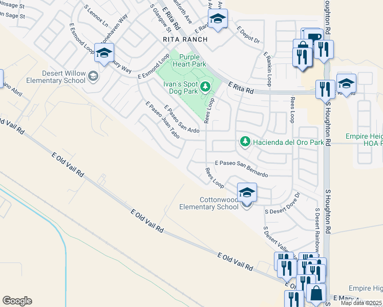map of restaurants, bars, coffee shops, grocery stores, and more near 8442 South Vía De Roberto in Tucson