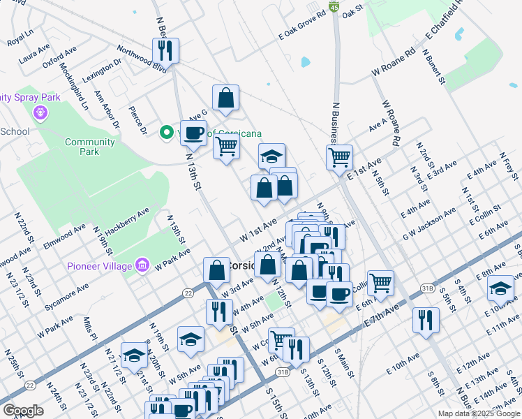 map of restaurants, bars, coffee shops, grocery stores, and more near 621 North Main Street in Corsicana