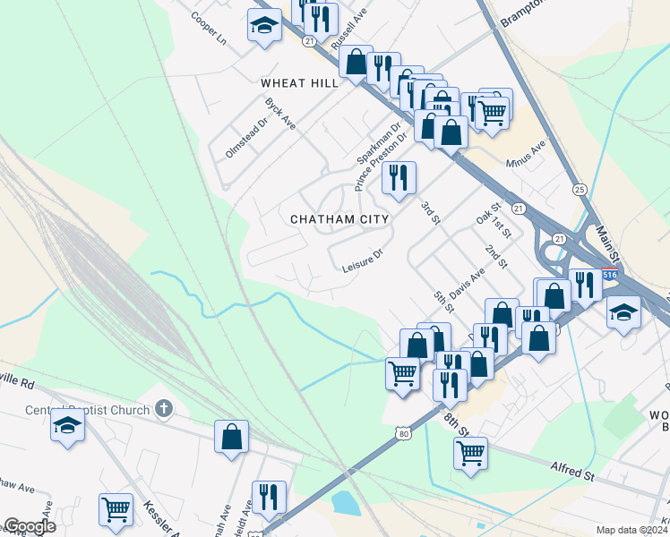 map of restaurants, bars, coffee shops, grocery stores, and more near 68 Leisure Drive in Garden City