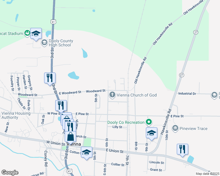 map of restaurants, bars, coffee shops, grocery stores, and more near 401 East Woodward Street in Vienna