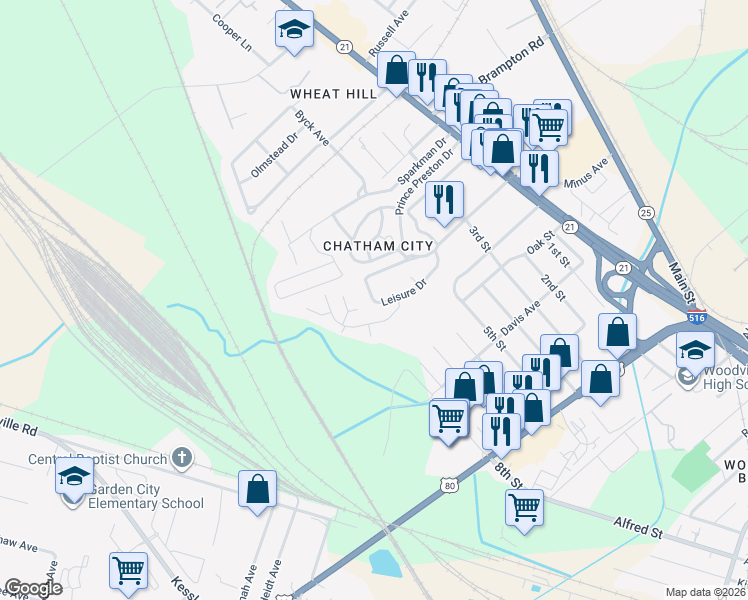 map of restaurants, bars, coffee shops, grocery stores, and more near 68 Leisure Drive in Garden City
