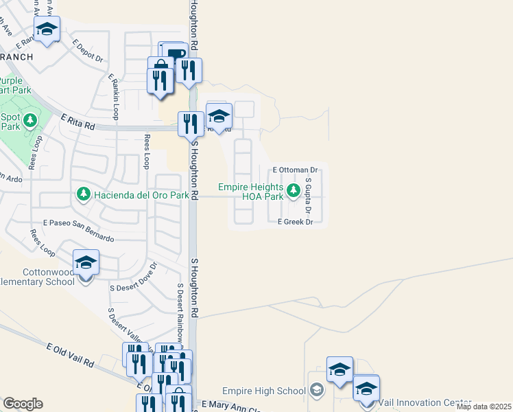 map of restaurants, bars, coffee shops, grocery stores, and more near 8421 South Burien Road in Tucson
