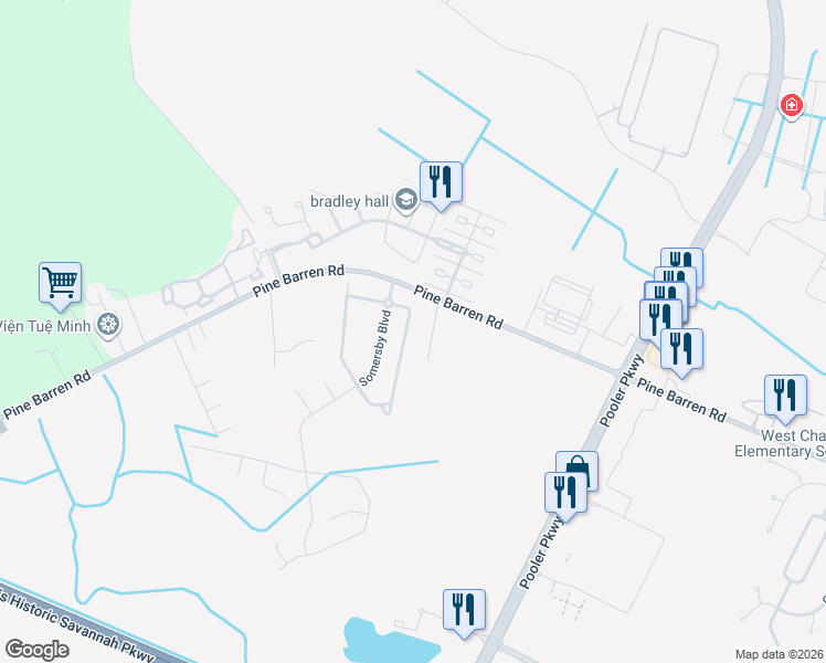 map of restaurants, bars, coffee shops, grocery stores, and more near 121 Pine View Crossing in Pooler