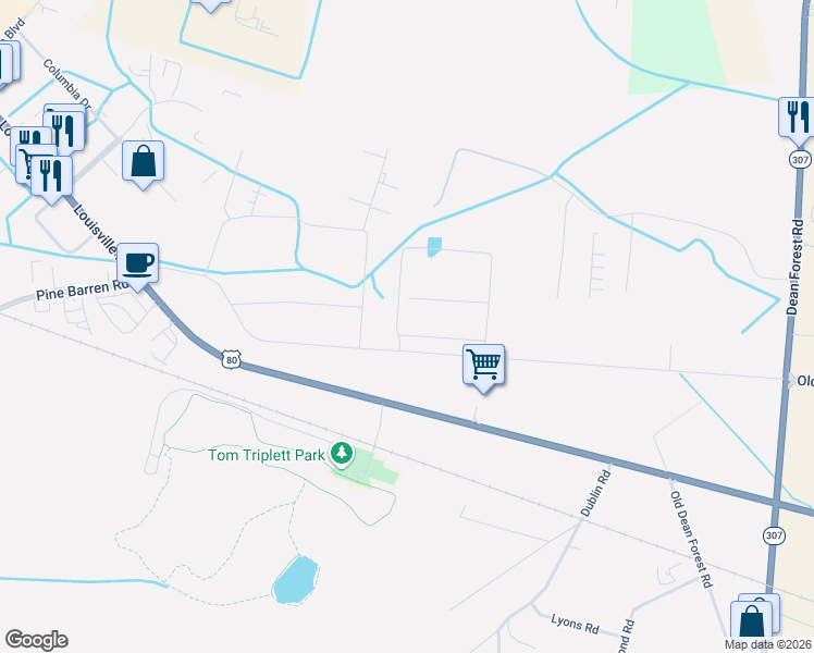 map of restaurants, bars, coffee shops, grocery stores, and more near 5214 Old Louisville Road in Pooler