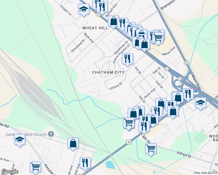 map of restaurants, bars, coffee shops, grocery stores, and more near 68 Leisure Drive in Garden City