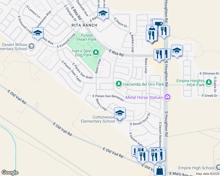 map of restaurants, bars, coffee shops, grocery stores, and more near 9915 East Paseo San Rosendo in Tucson