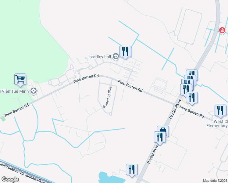 map of restaurants, bars, coffee shops, grocery stores, and more near 121 Pine View Crossing in Pooler