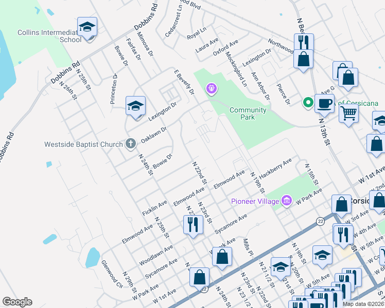 map of restaurants, bars, coffee shops, grocery stores, and more near 1220 Columbia Circle in Corsicana