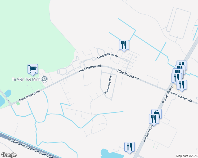 map of restaurants, bars, coffee shops, grocery stores, and more near 123 Lake House Road in Pooler