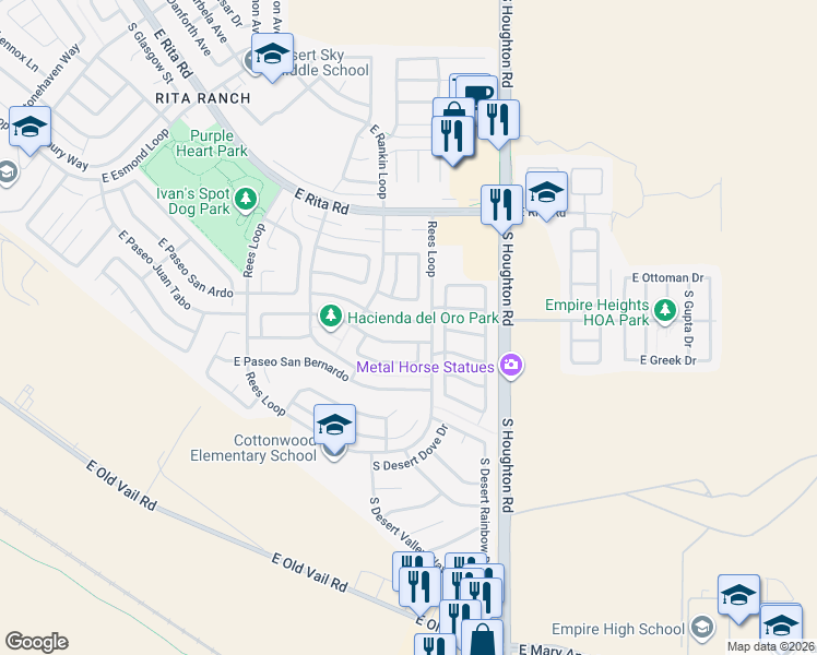map of restaurants, bars, coffee shops, grocery stores, and more near 10120 East Paseo San Ardo in Tucson