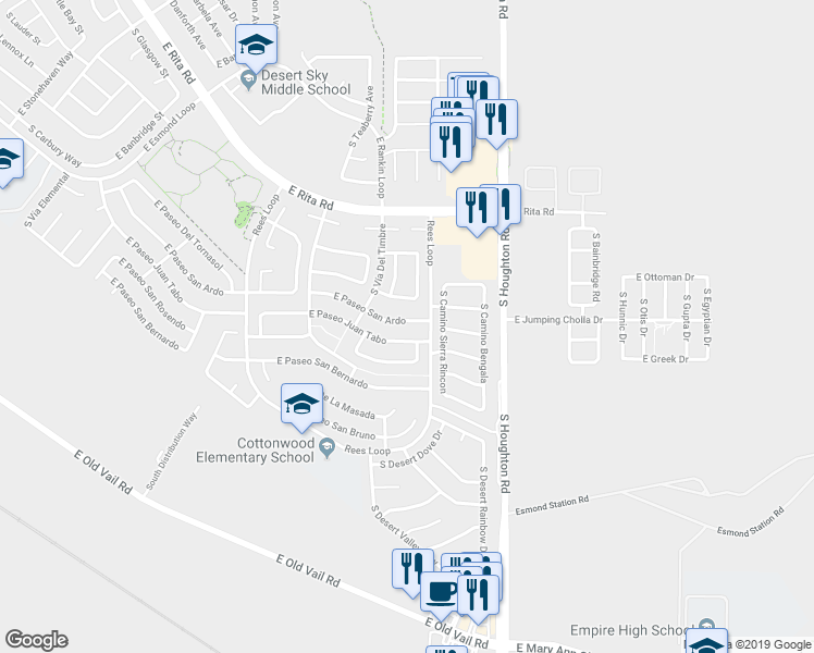 map of restaurants, bars, coffee shops, grocery stores, and more near 10211 East Paseo Juan Tabo in Tucson