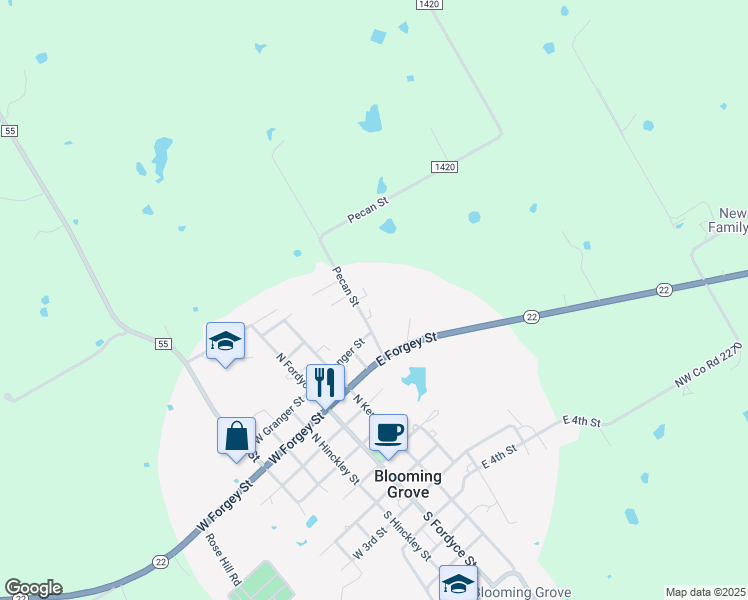 map of restaurants, bars, coffee shops, grocery stores, and more near in Blooming Grove
