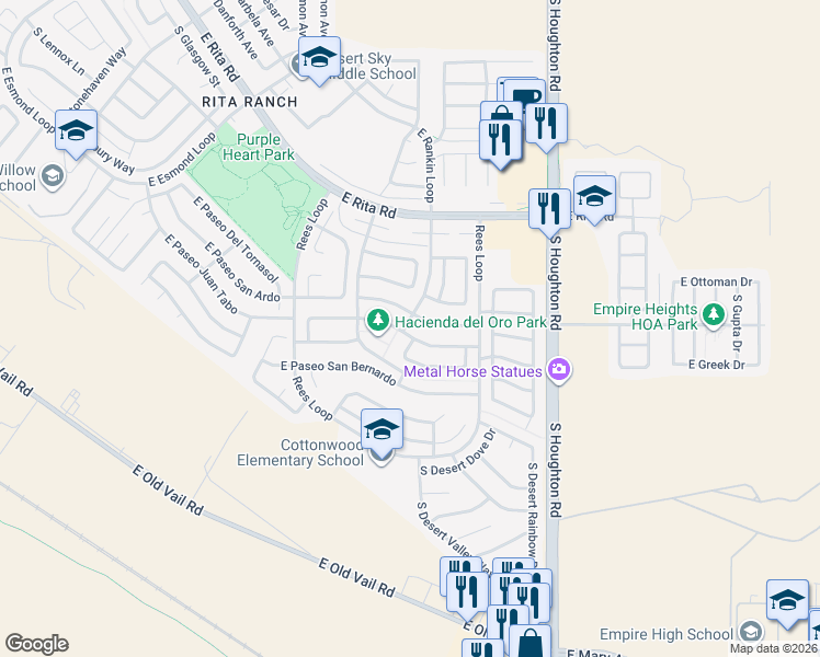 map of restaurants, bars, coffee shops, grocery stores, and more near 10125 East Paseo Juan Tabo in Tucson