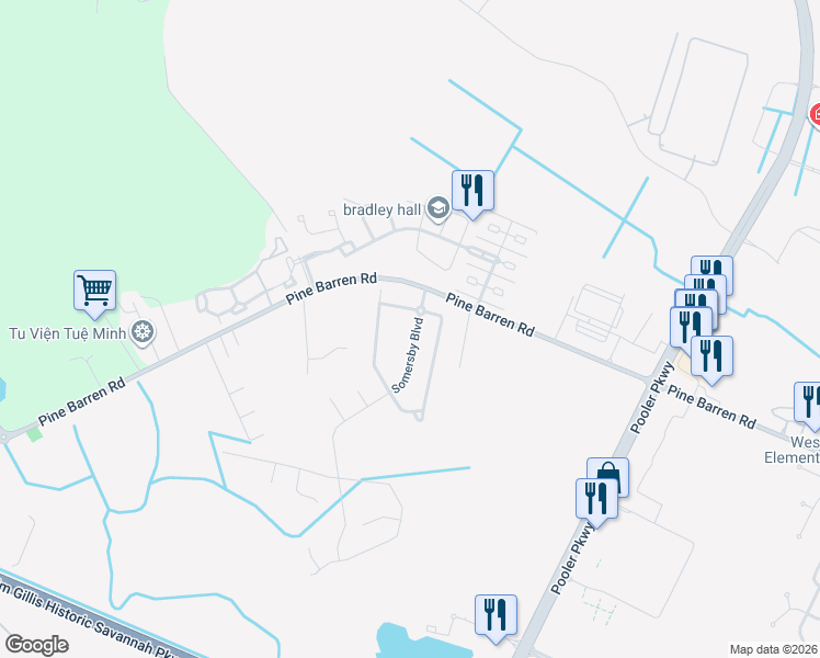 map of restaurants, bars, coffee shops, grocery stores, and more near 116 Somersby Boulevard in Pooler