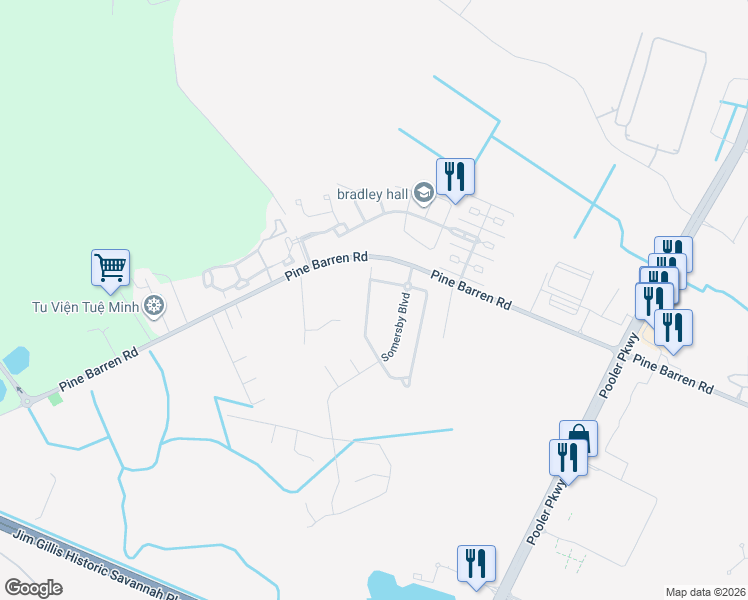 map of restaurants, bars, coffee shops, grocery stores, and more near 126 Lake House Road in Pooler