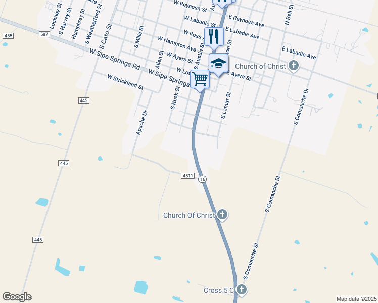 map of restaurants, bars, coffee shops, grocery stores, and more near 1224 South Texas Street in De Leon