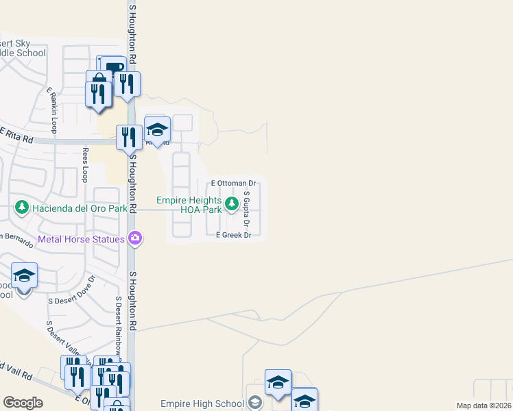 map of restaurants, bars, coffee shops, grocery stores, and more near 8386 South Egyptian Drive in Tucson