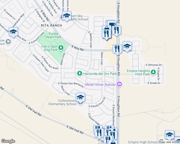 map of restaurants, bars, coffee shops, grocery stores, and more near 10063 East Paseo San Ardo in Tucson