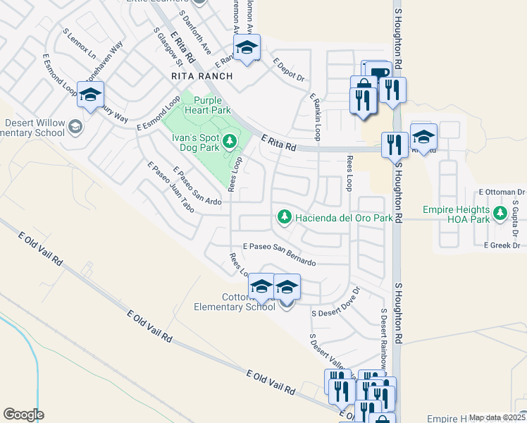 map of restaurants, bars, coffee shops, grocery stores, and more near 9915 East Paseo Juan Tabo in Tucson