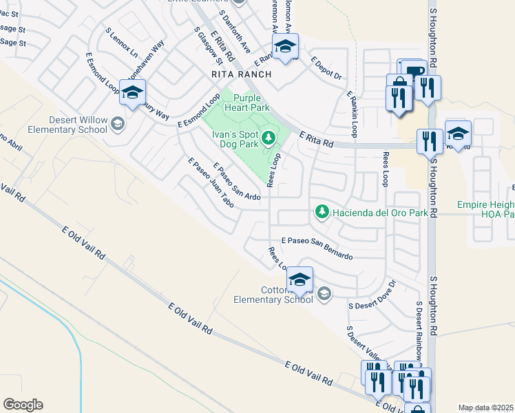 map of restaurants, bars, coffee shops, grocery stores, and more near 9777 East Paseo Juan Tabo in Tucson