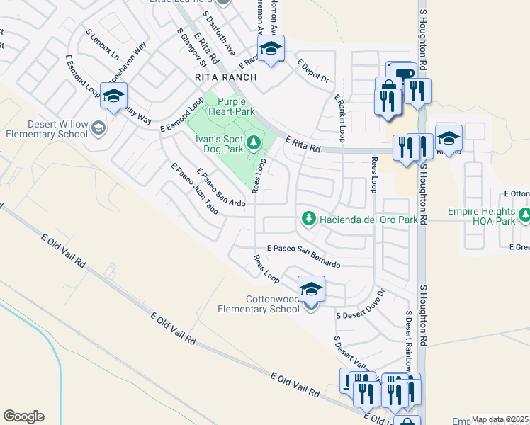 map of restaurants, bars, coffee shops, grocery stores, and more near 9855 East Paseo Juan Tabo in Tucson