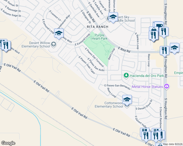 map of restaurants, bars, coffee shops, grocery stores, and more near 9718 East Paseo Juan Tabo in Tucson