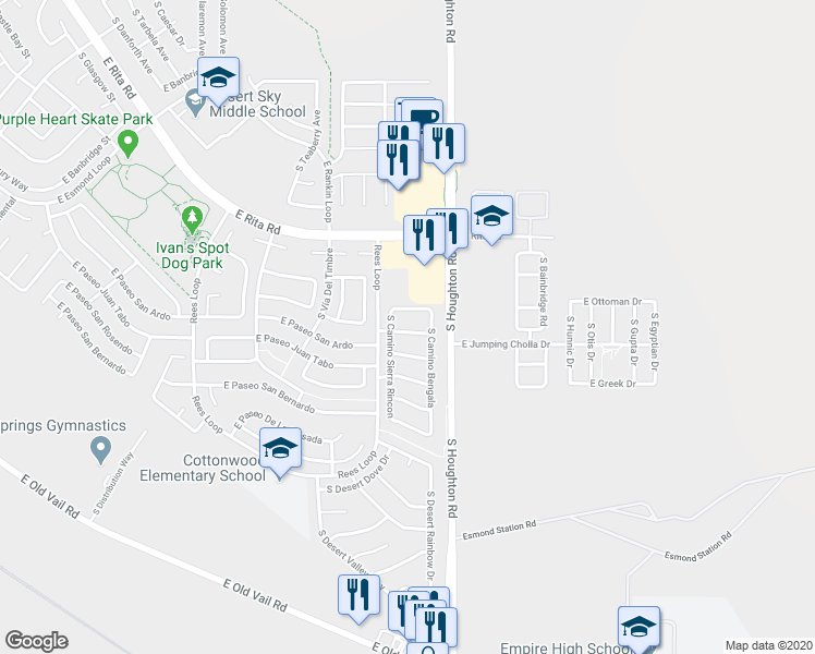 map of restaurants, bars, coffee shops, grocery stores, and more near 10198 East Calle Estrella Polar in Tucson