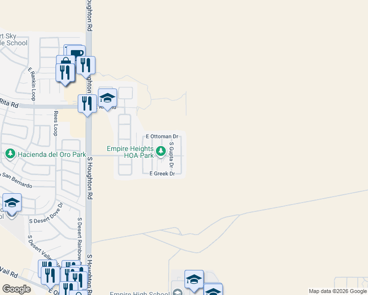 map of restaurants, bars, coffee shops, grocery stores, and more near 8367 South Egyptian Drive in Tucson